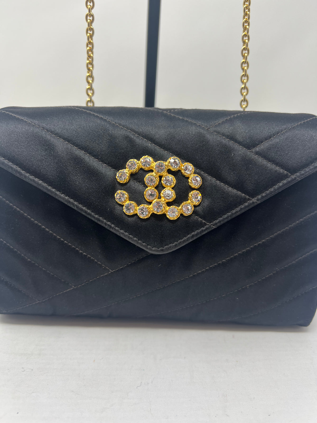 Chanel Black Satin Clutch Bag with Crystal Gold CC