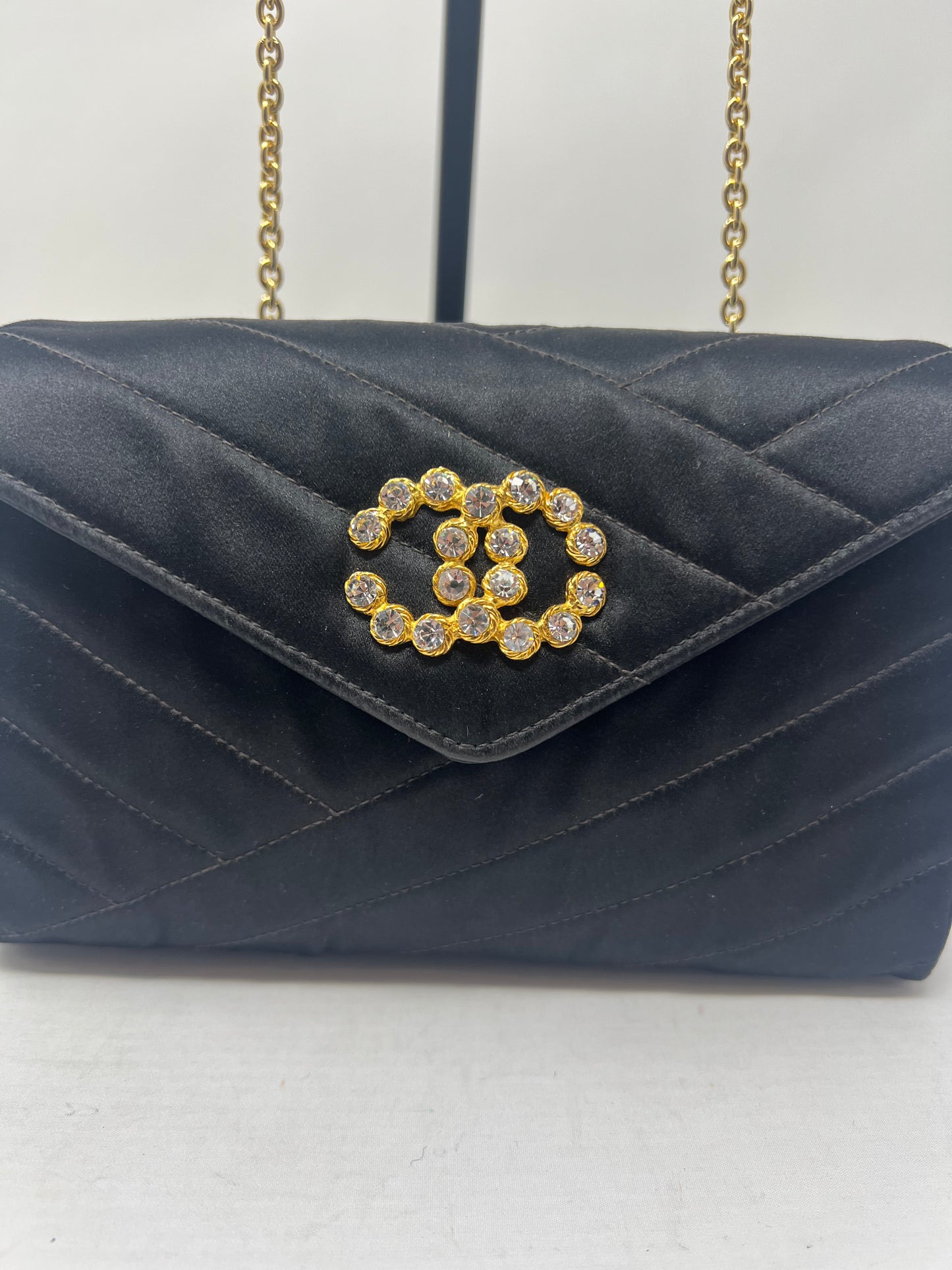 Chanel Black Satin Clutch Bag with Crystal Gold CC