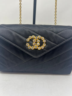 Chanel Black Satin Clutch Bag with Crystal Gold CC
