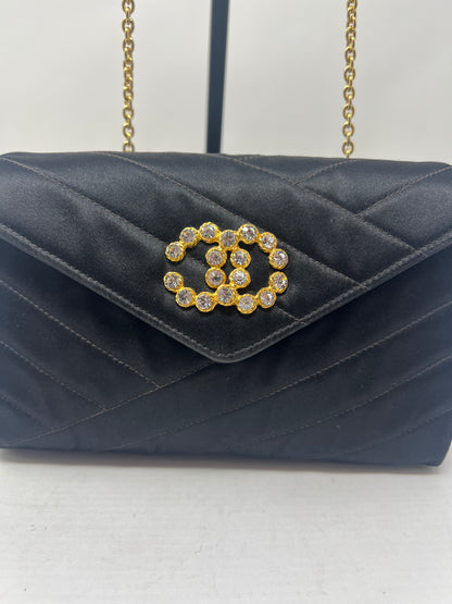 Chanel Black Satin Clutch Bag with Crystal Gold CC