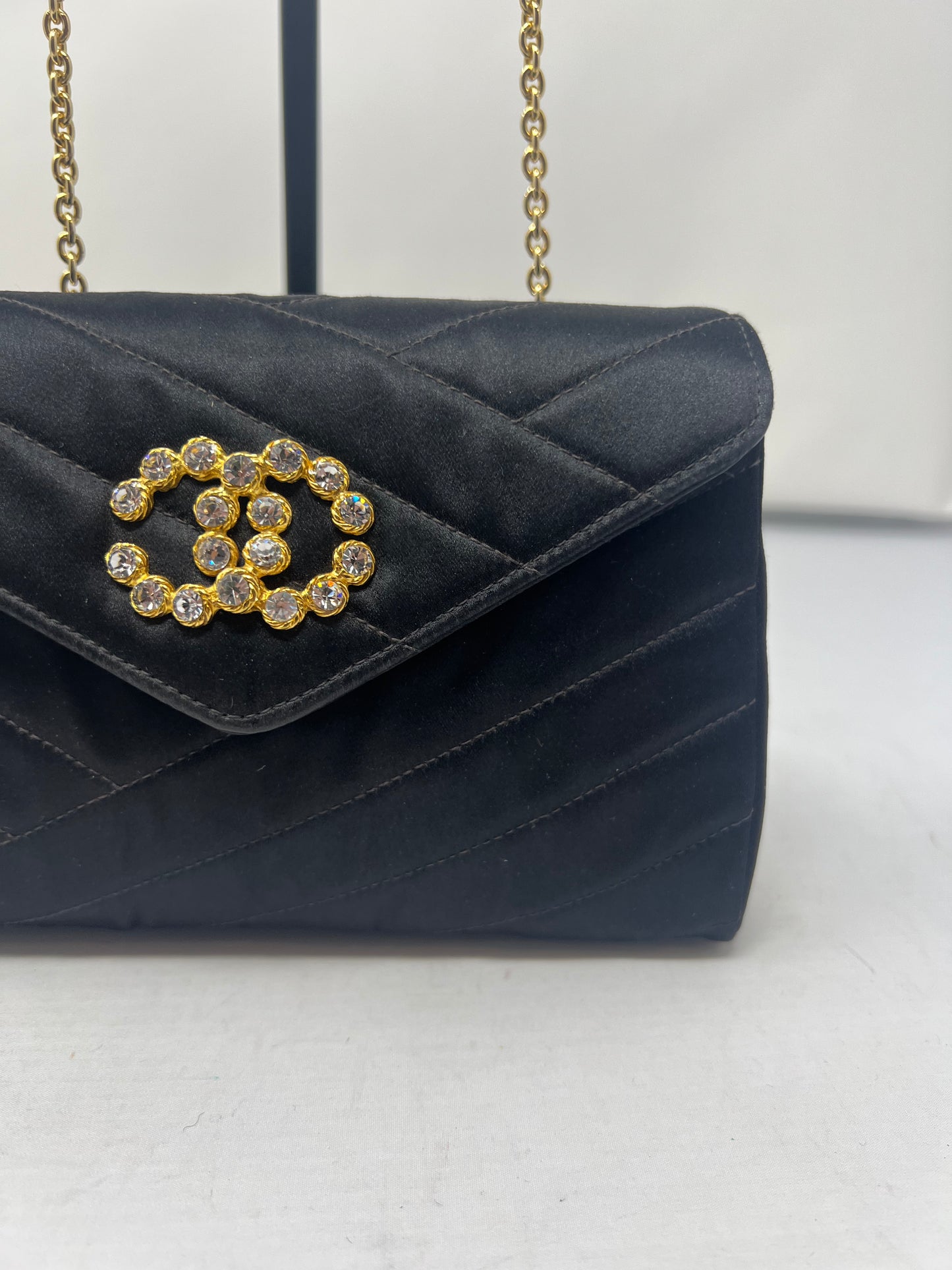 Chanel Black Satin Clutch Bag with Crystal Gold CC