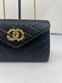 Chanel Black Satin Clutch Bag with Crystal Gold CC