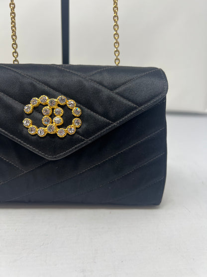 Chanel Black Satin Clutch Bag with Crystal Gold CC
