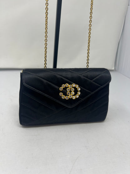 Chanel Black Satin Clutch Bag with Crystal Gold CC