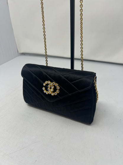 Chanel Black Satin Clutch Bag with Crystal Gold CC