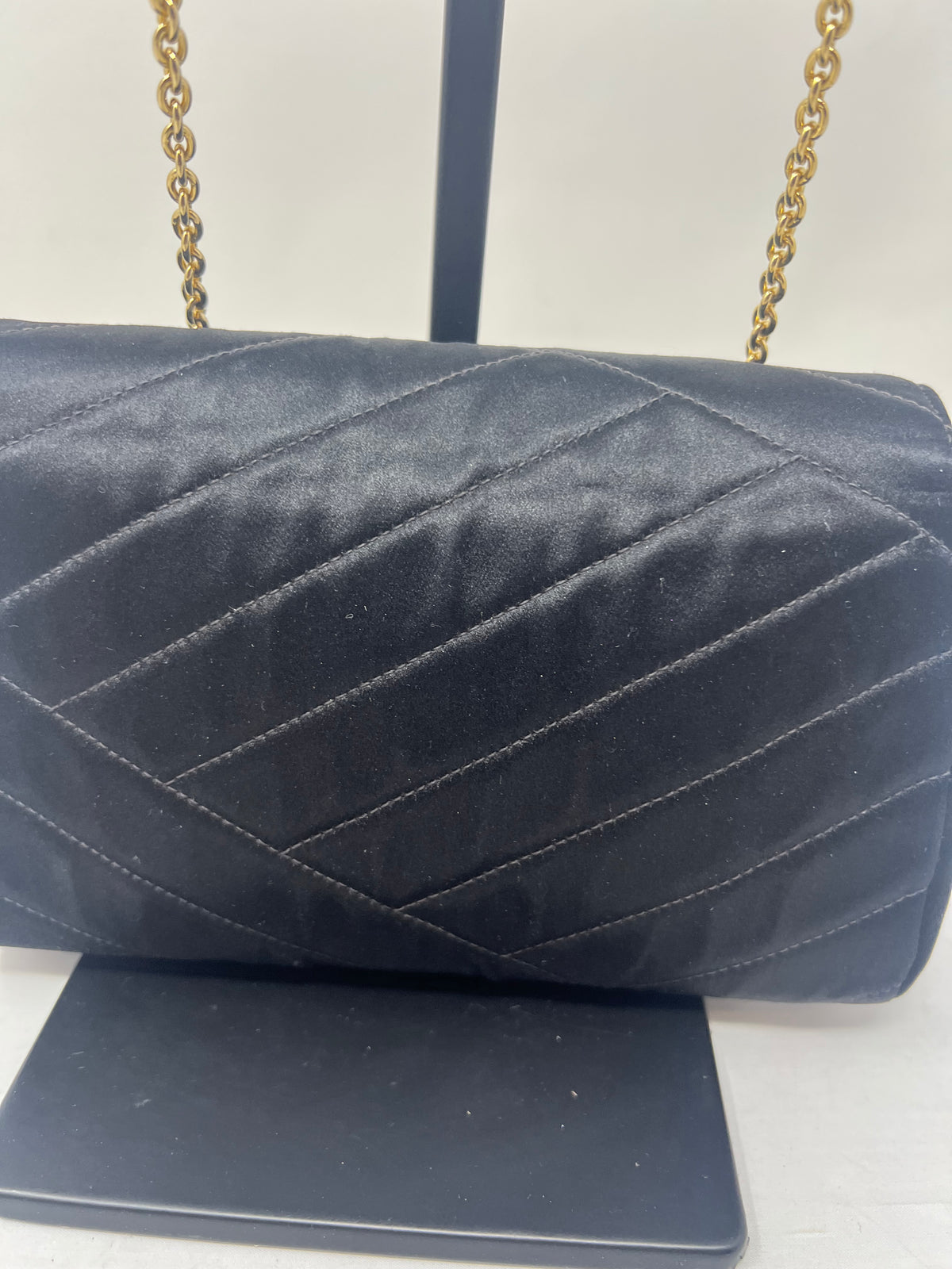 Chanel Black Satin Clutch Bag with Crystal Gold CC