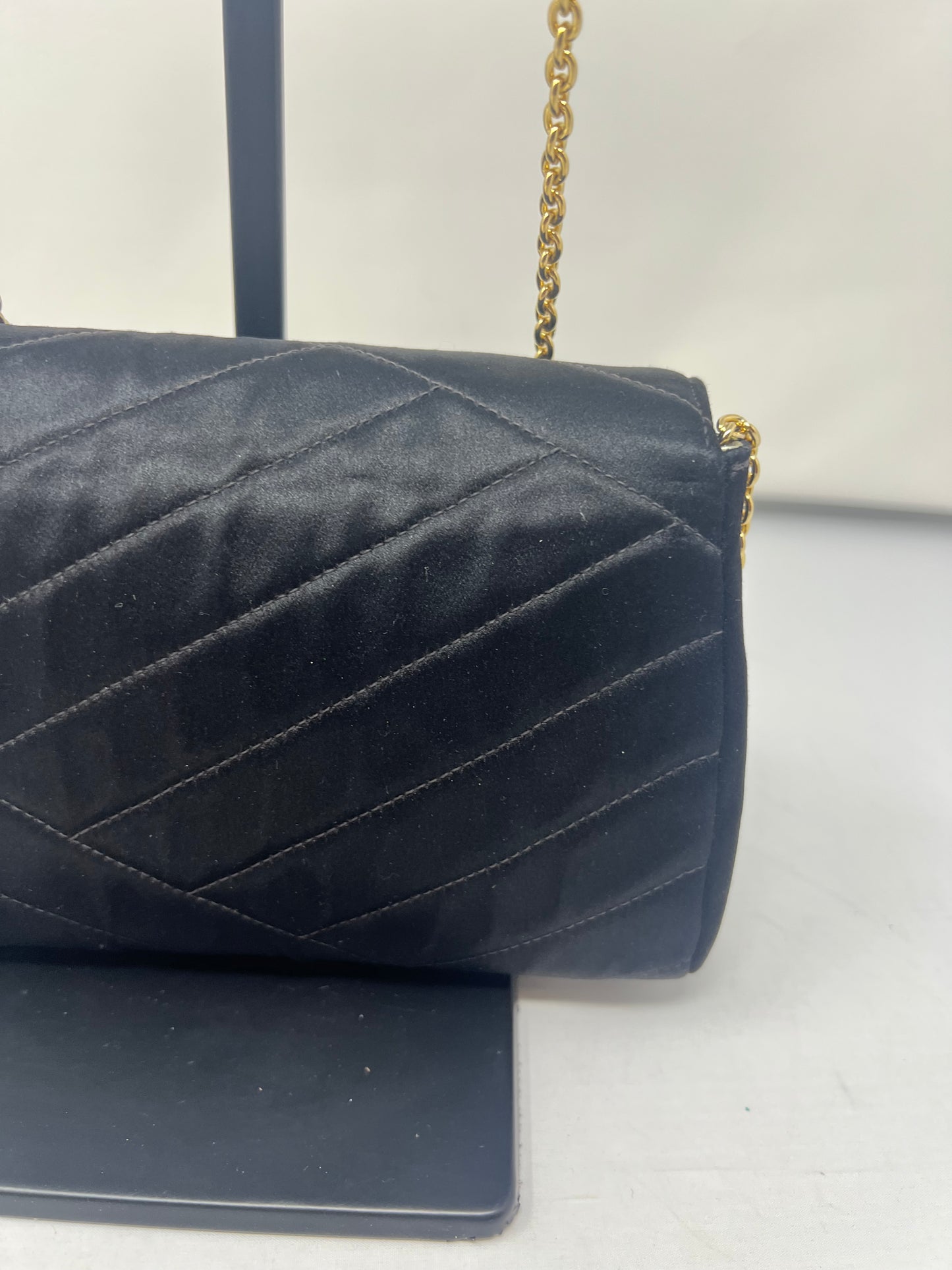 Chanel Black Satin Clutch Bag with Crystal Gold CC