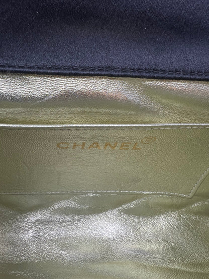 Chanel Black Satin Clutch Bag with Crystal Gold CC