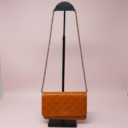 Chanel Quilted Patent Leather Orange Wallet on Chain