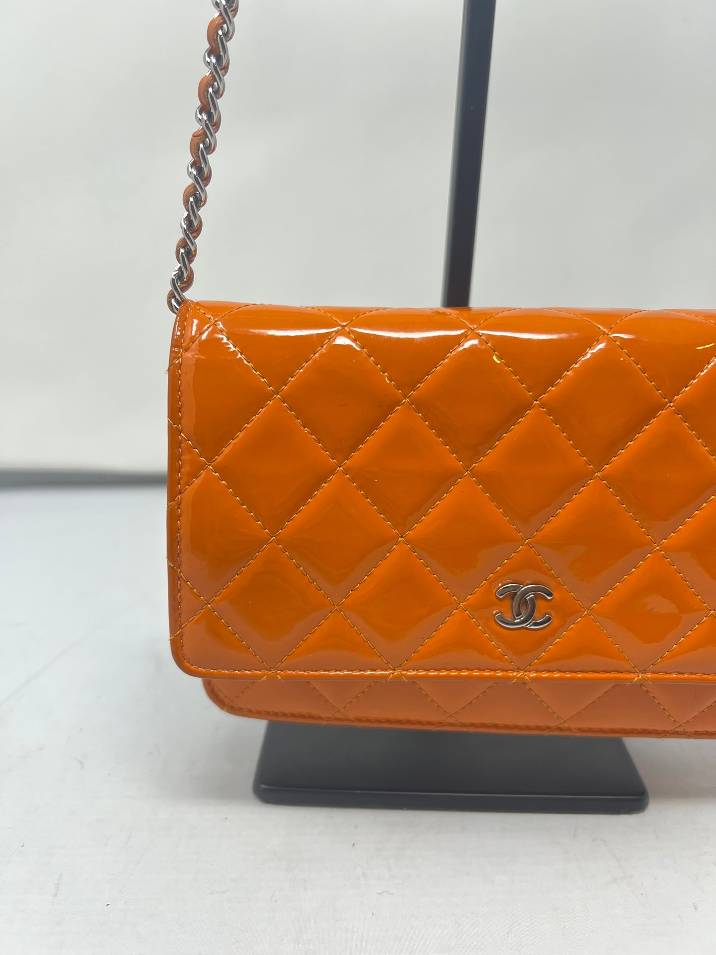 Chanel Quilted Patent Leather Orange Wallet on Chain