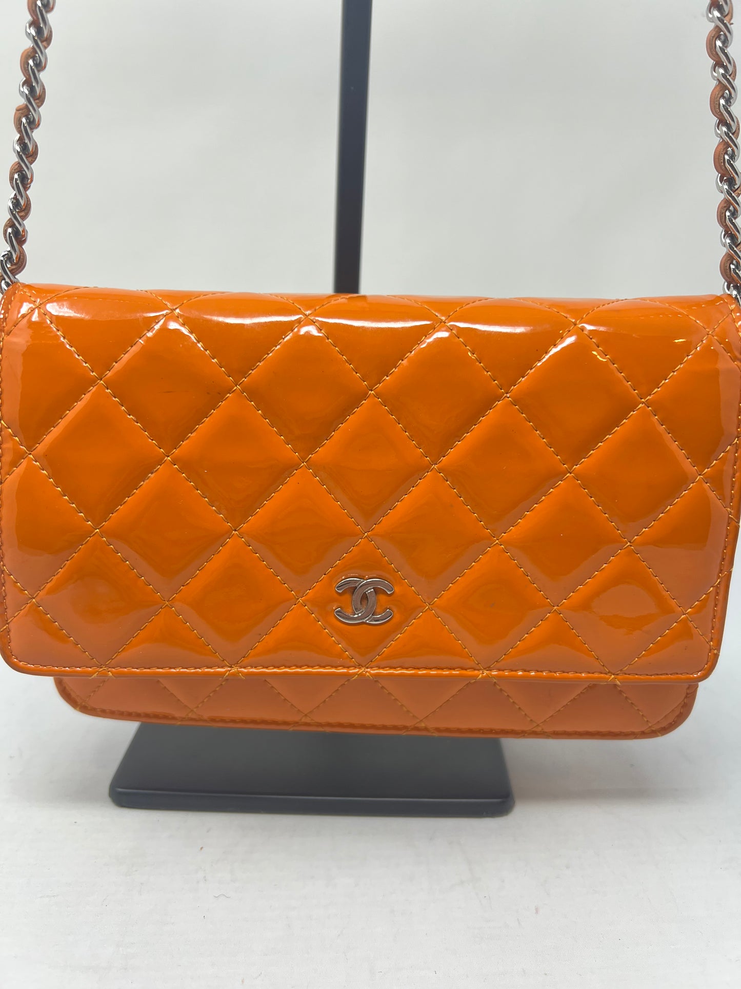 Chanel Quilted Patent Leather Orange Wallet on Chain