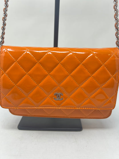 Chanel Quilted Patent Leather Orange Wallet on Chain
