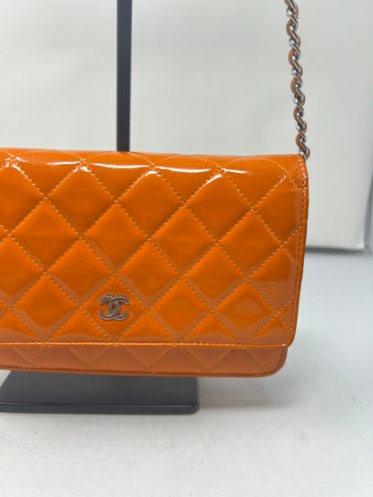 Chanel Quilted Patent Leather Orange Wallet on Chain