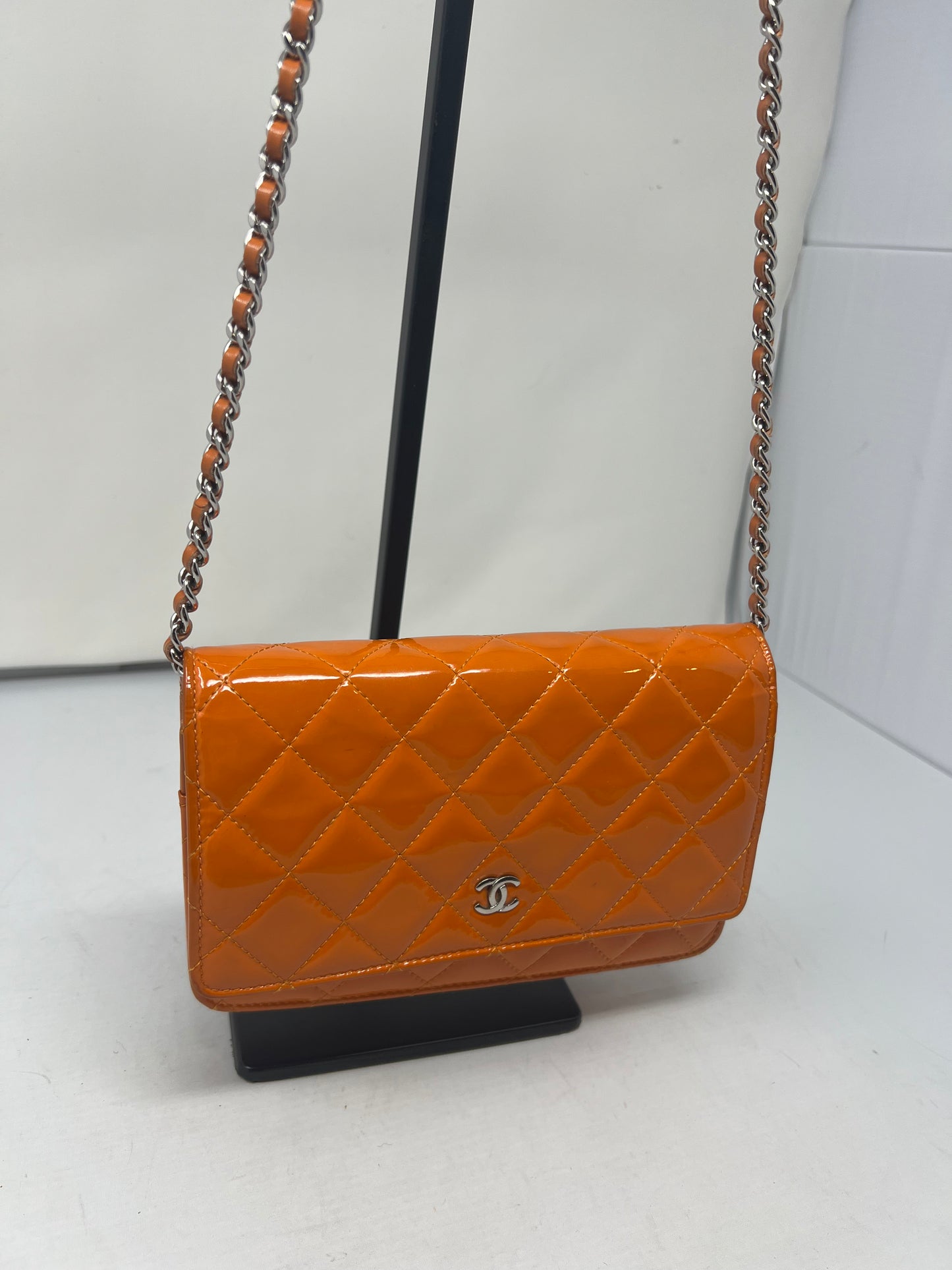 Chanel Quilted Patent Leather Orange Wallet on Chain