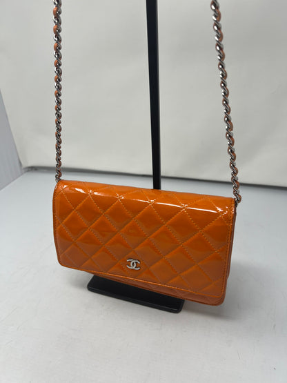 Chanel Quilted Patent Leather Orange Wallet on Chain