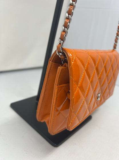 Chanel Quilted Patent Leather Orange Wallet on Chain