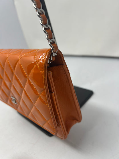 Chanel Quilted Patent Leather Orange Wallet on Chain