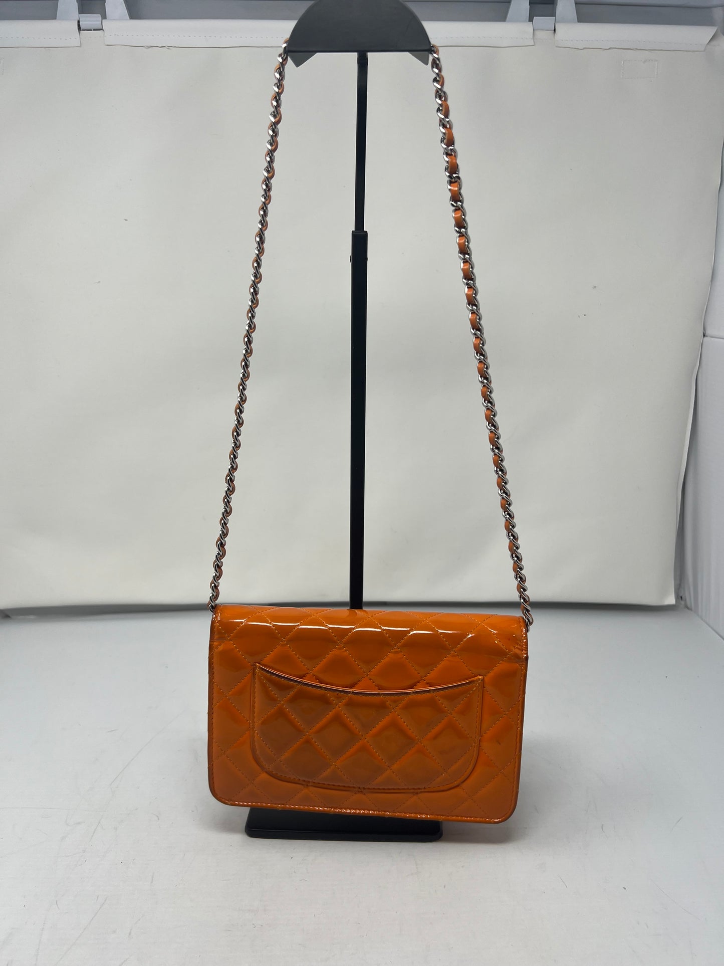 Chanel Quilted Patent Leather Orange Wallet on Chain