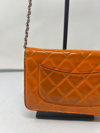Chanel Quilted Patent Leather Orange Wallet on Chain
