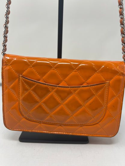 Chanel Quilted Patent Leather Orange Wallet on Chain