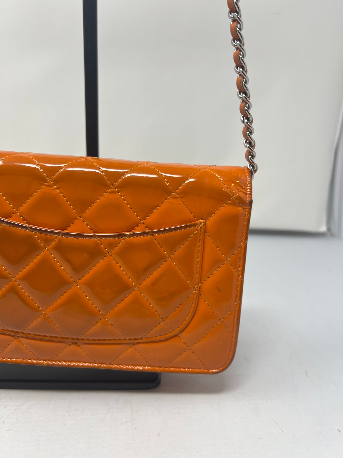 Chanel Quilted Patent Leather Orange Wallet on Chain