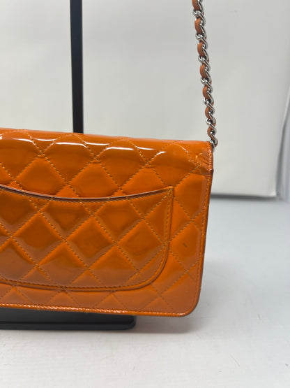 Chanel Quilted Patent Leather Orange Wallet on Chain