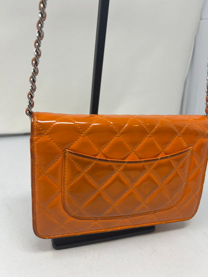 Chanel Quilted Patent Leather Orange Wallet on Chain