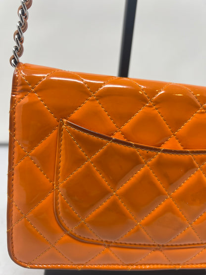 Chanel Quilted Patent Leather Orange Wallet on Chain