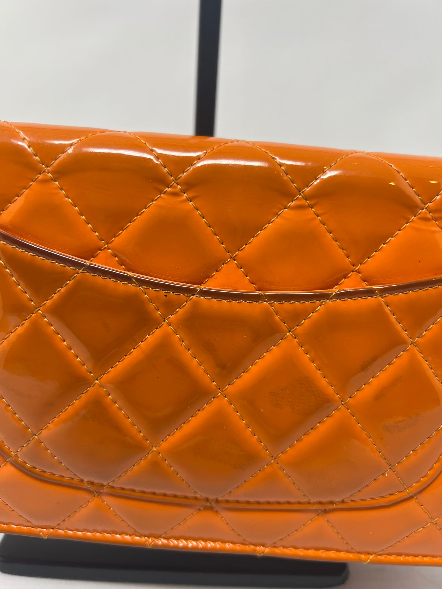 Chanel Quilted Patent Leather Orange Wallet on Chain