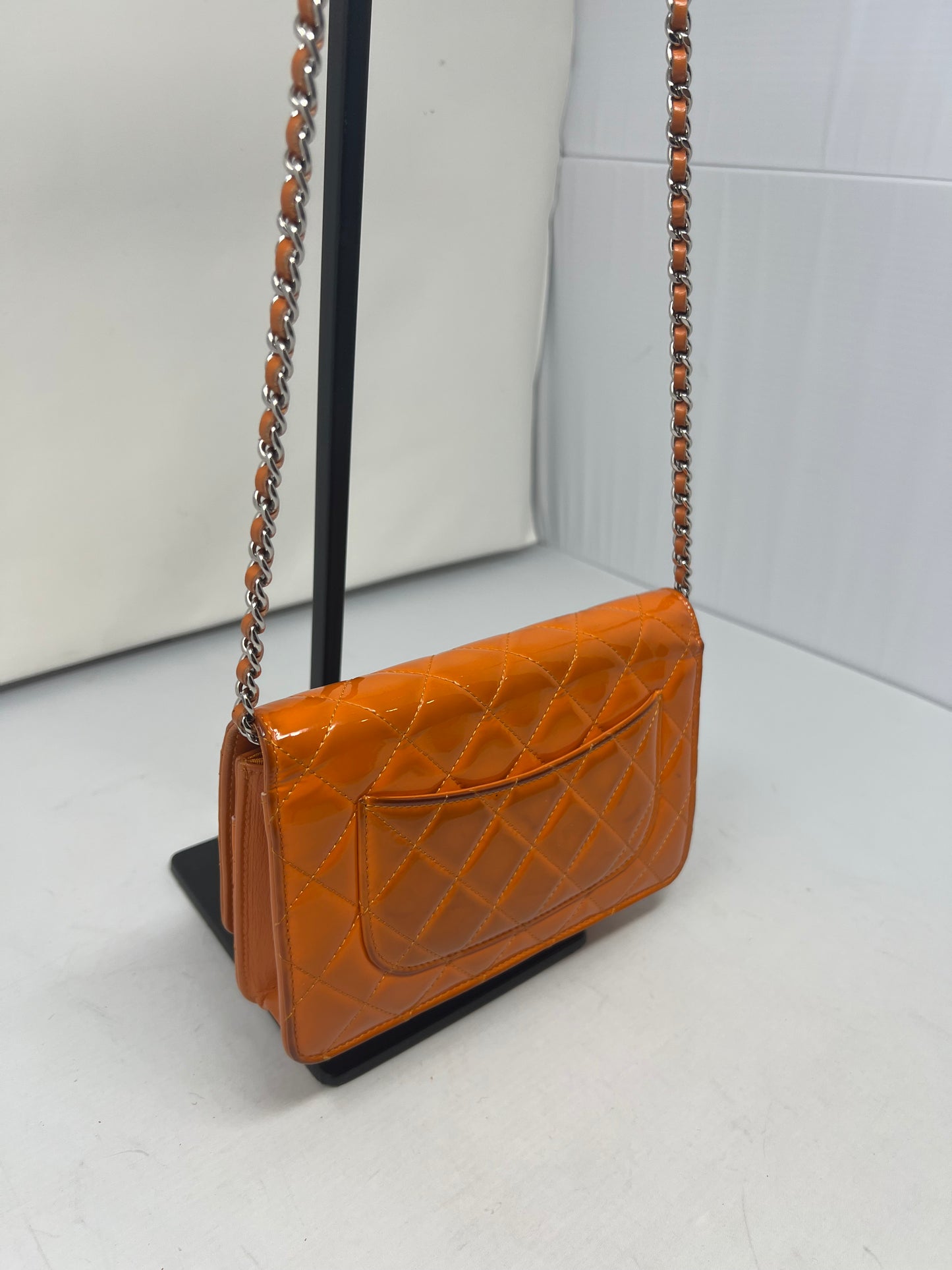 Chanel Quilted Patent Leather Orange Wallet on Chain