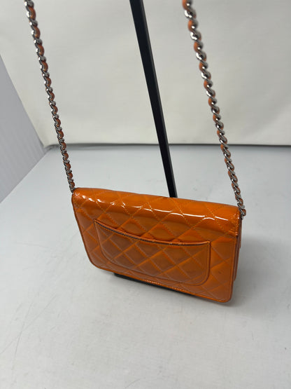 Chanel Quilted Patent Leather Orange Wallet on Chain