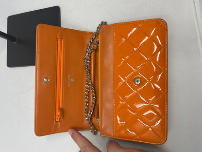 Chanel Quilted Patent Leather Orange Wallet on Chain