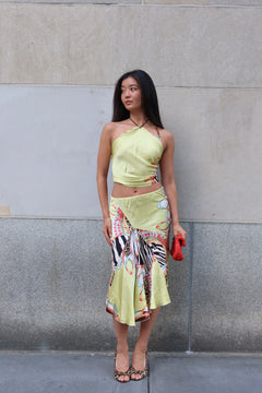 SS2004 Roberto Cavalli Patchwork Scarf Print Silk Halter Top & Bias Skirt Set Size S
