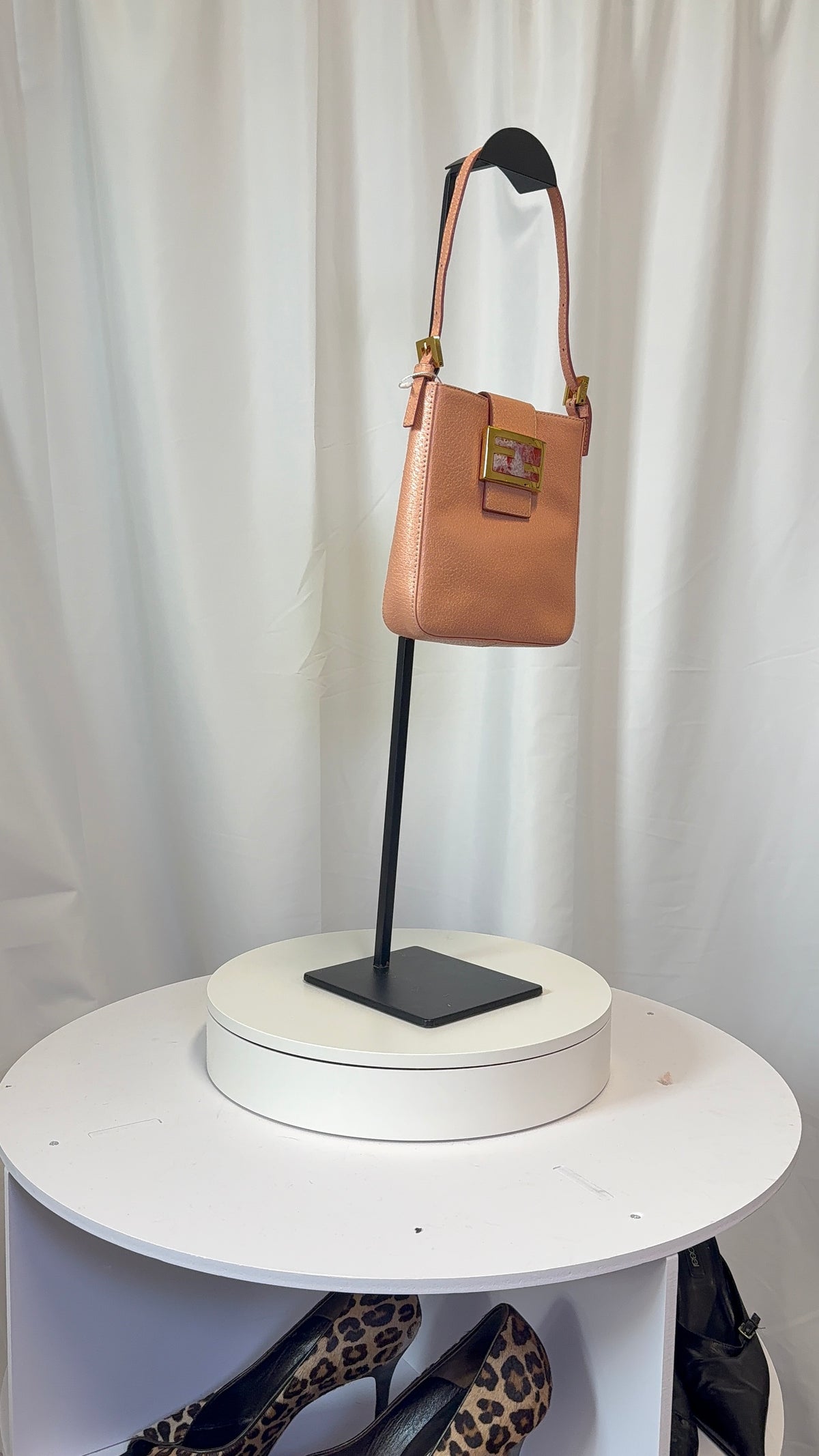 Fendi FF Logo Structured Shoulder Bag in Peach Leather