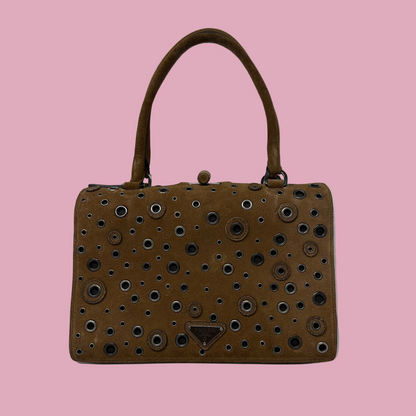 Prada Grommet Frame Brown Suede Shoulder Bag