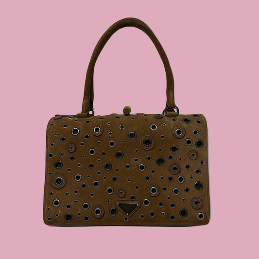 Prada Grommet Frame Brown Suede Shoulder Bag