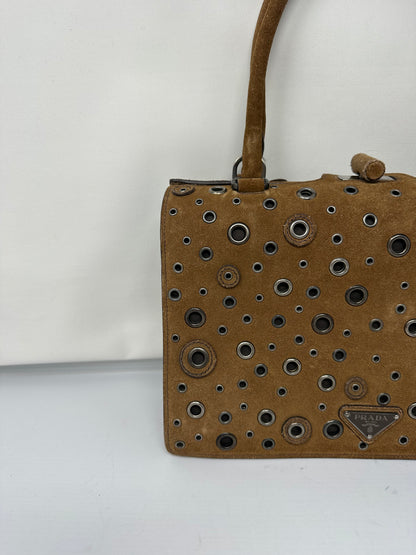 Prada Grommet Frame Brown Suede Shoulder Bag