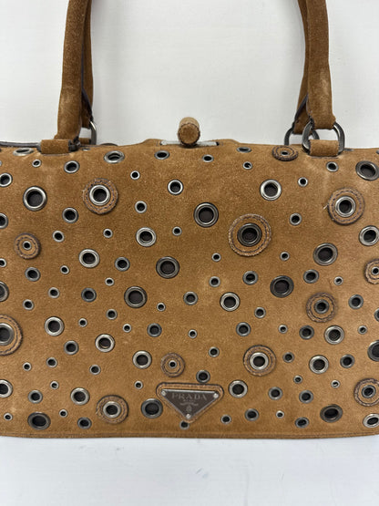 Prada Grommet Frame Brown Suede Shoulder Bag
