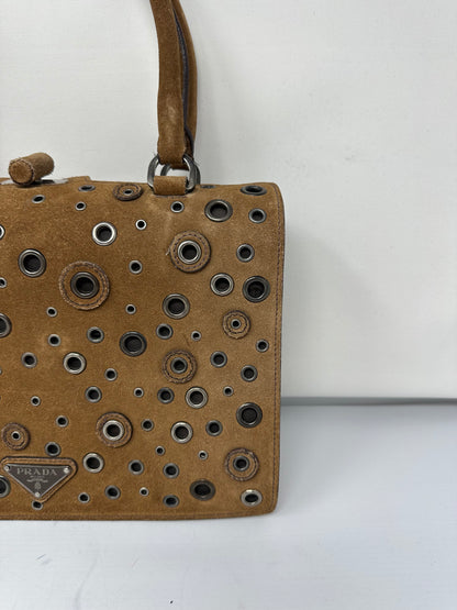 Prada Grommet Frame Brown Suede Shoulder Bag