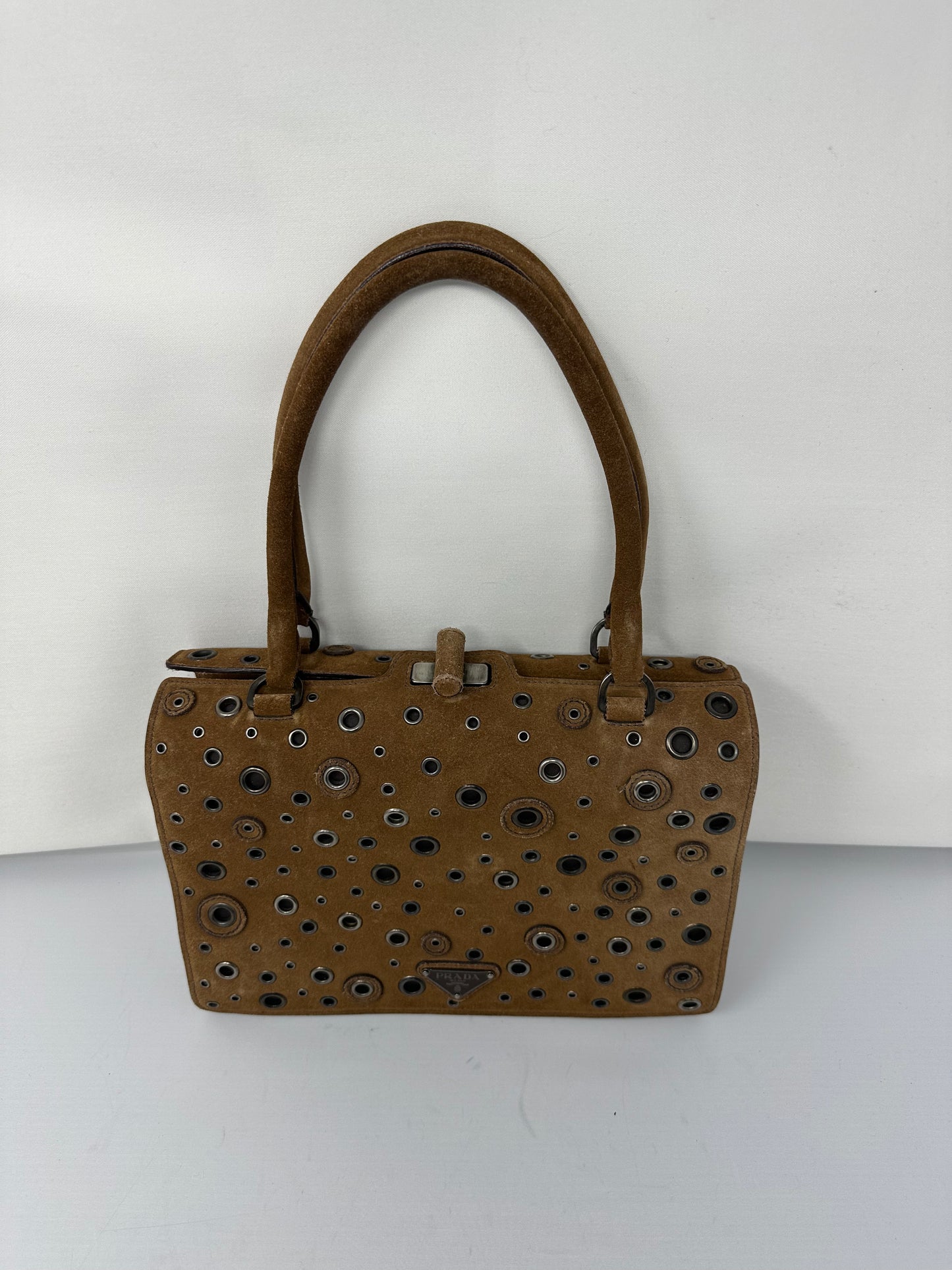 Prada Grommet Frame Brown Suede Shoulder Bag