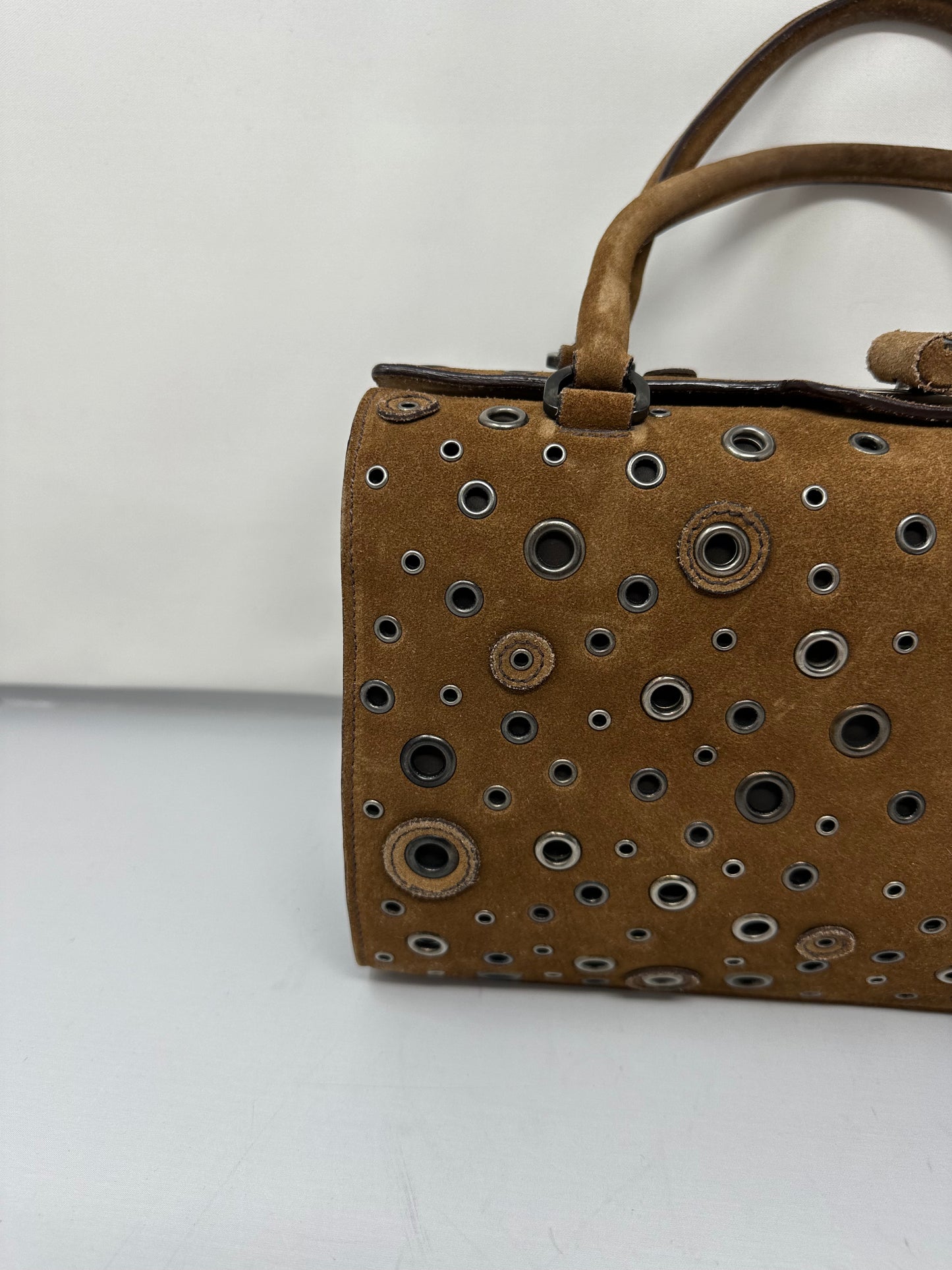 Prada Grommet Frame Brown Suede Shoulder Bag