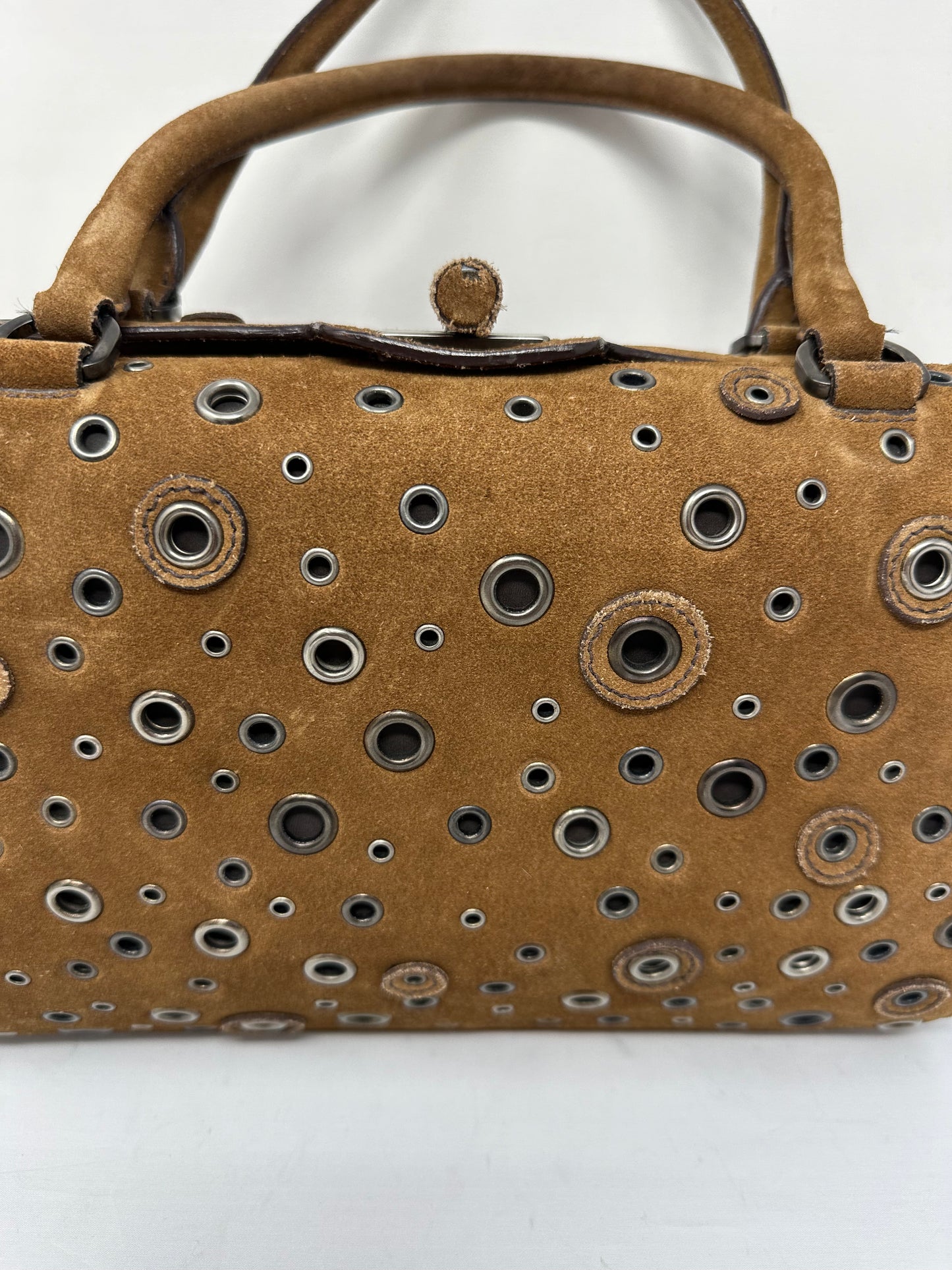 Prada Grommet Frame Brown Suede Shoulder Bag