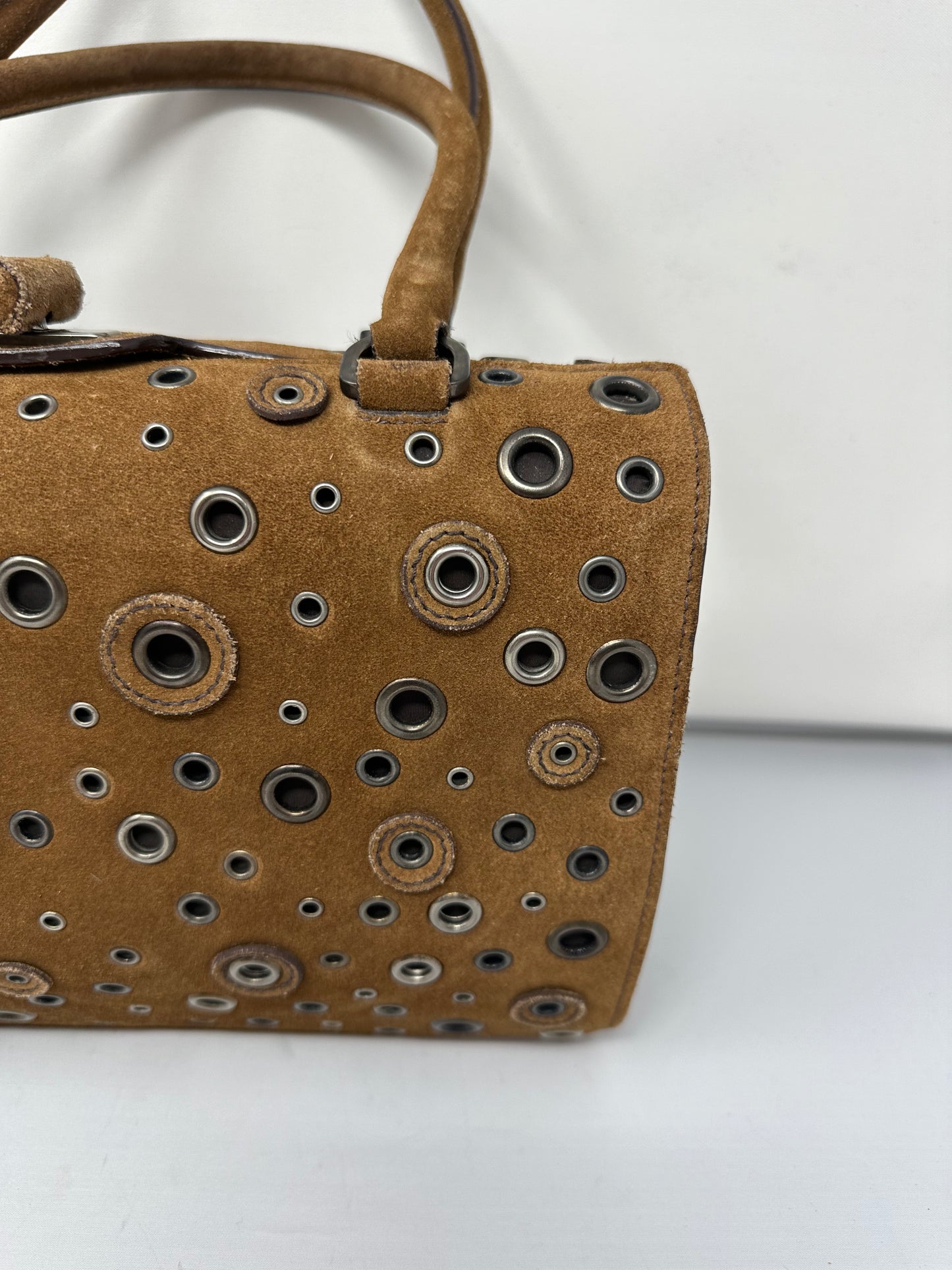 Prada Grommet Frame Brown Suede Shoulder Bag