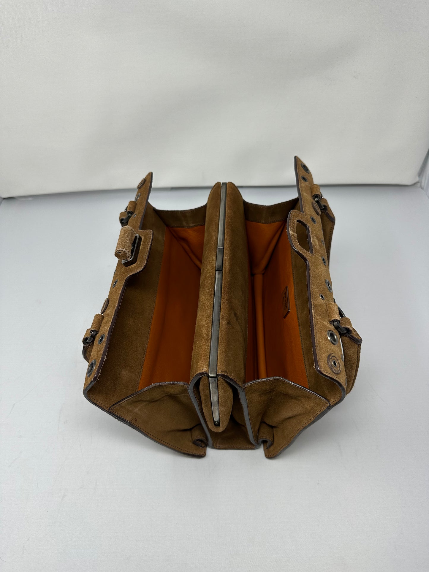 Prada Grommet Frame Brown Suede Shoulder Bag