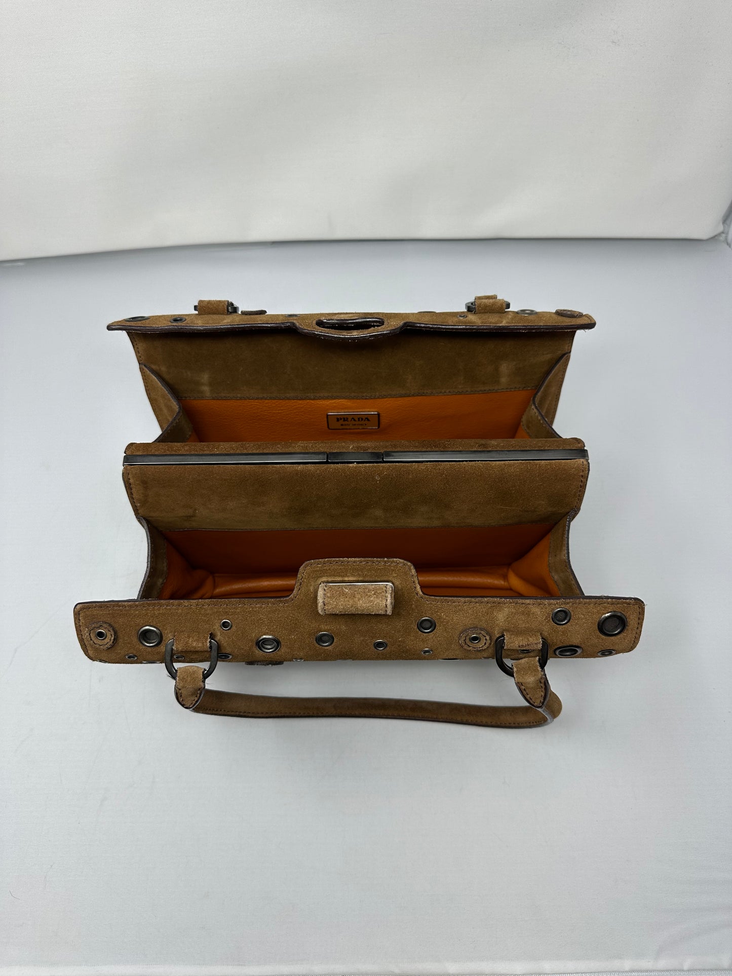 Prada Grommet Frame Brown Suede Shoulder Bag