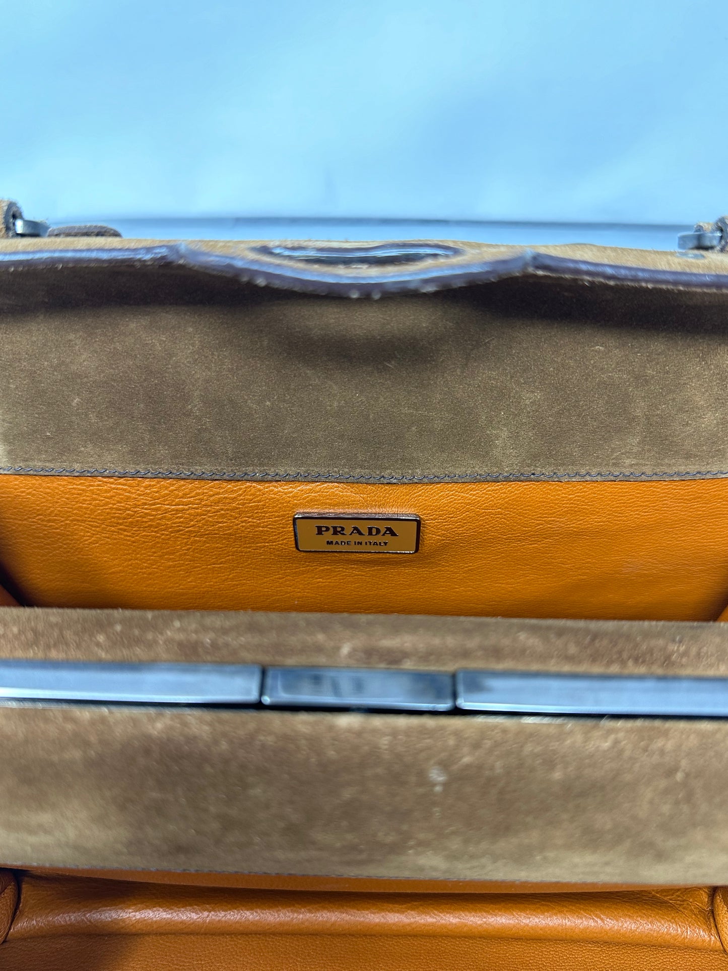 Prada Grommet Frame Brown Suede Shoulder Bag