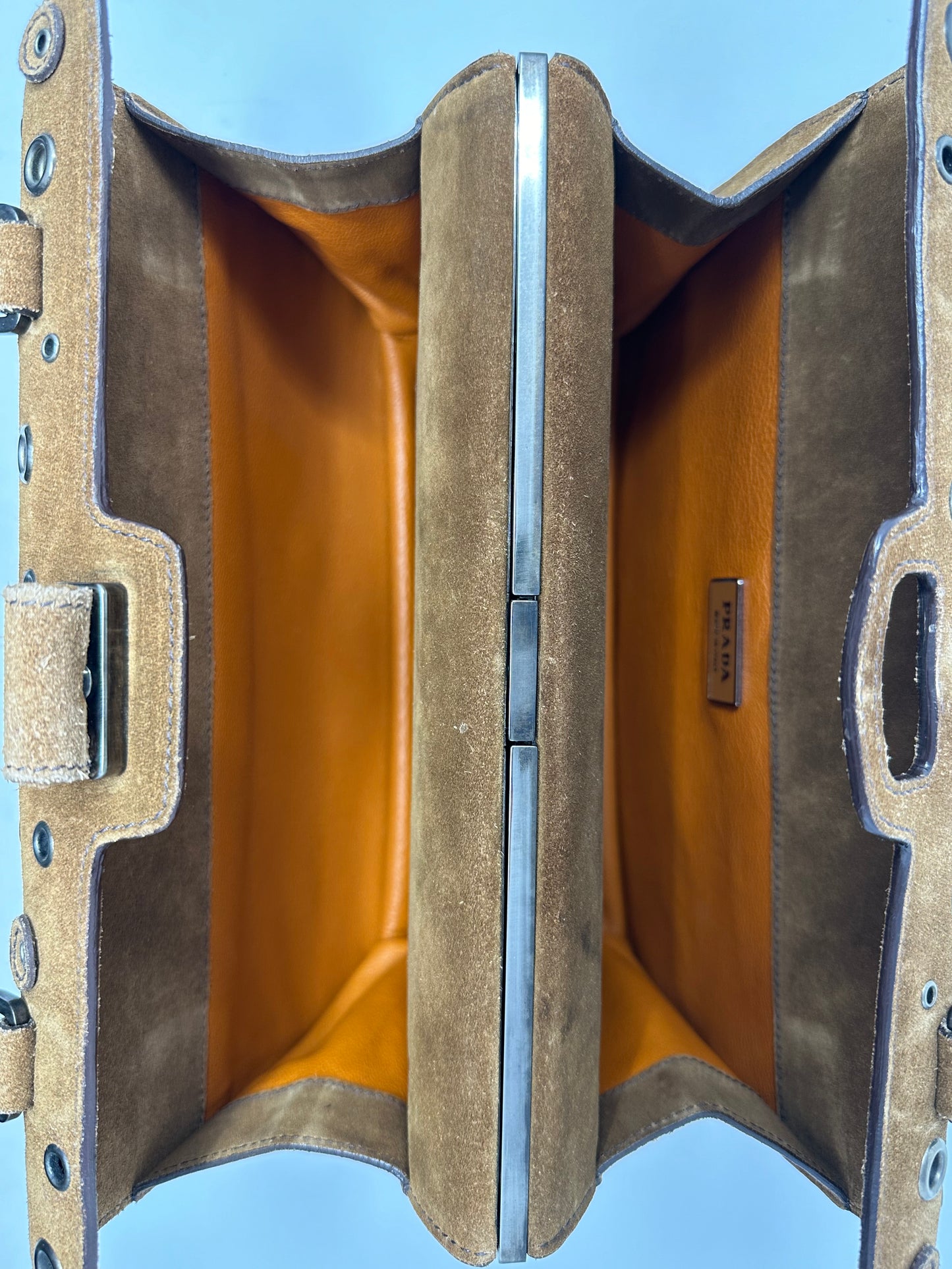 Prada Grommet Frame Brown Suede Shoulder Bag