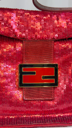 Fendi Red Sequin Mamma Baguette Shoulder Bag