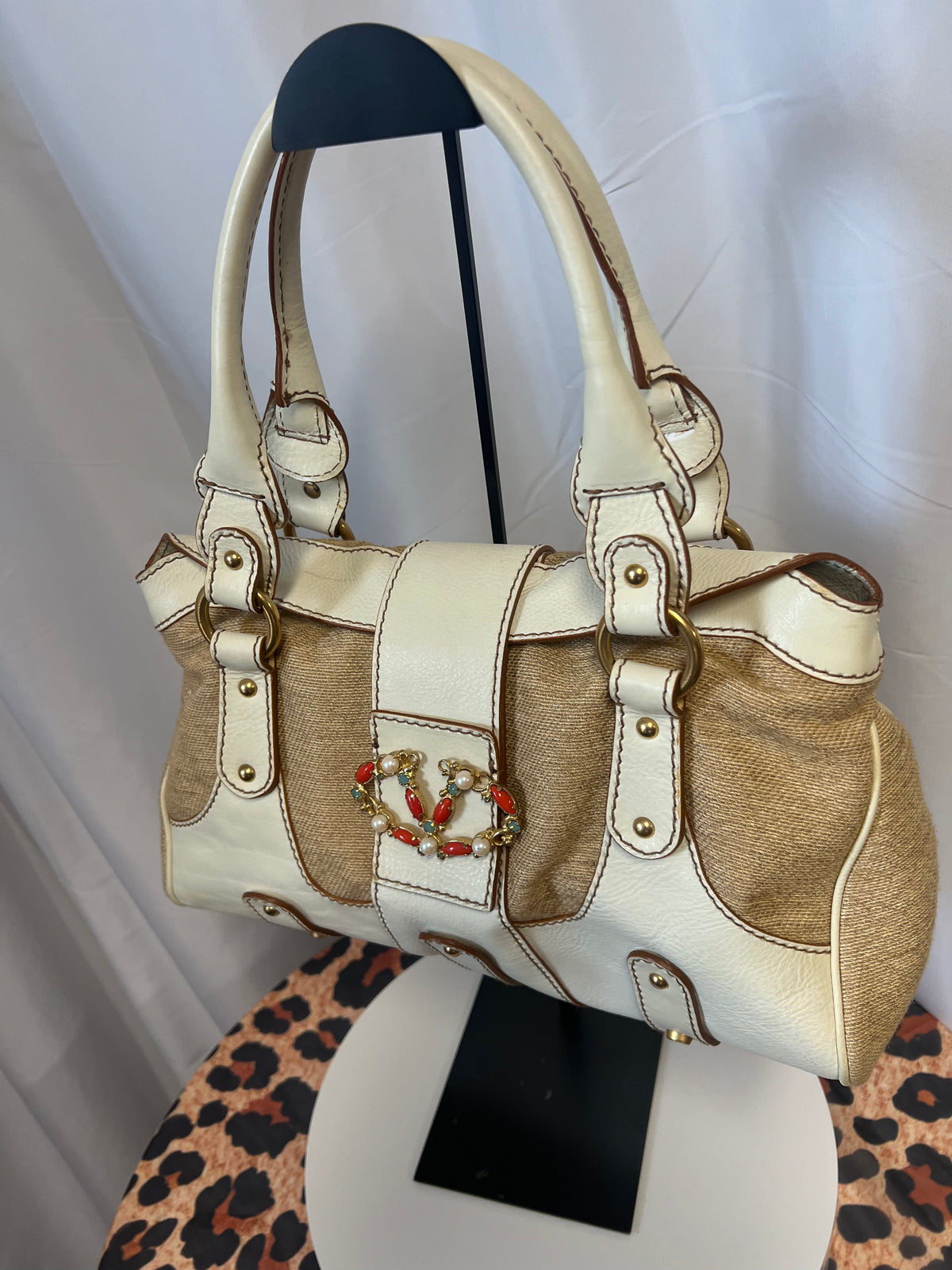 Valentino Garavani Beige Leather and Canvas Shoulder Bag