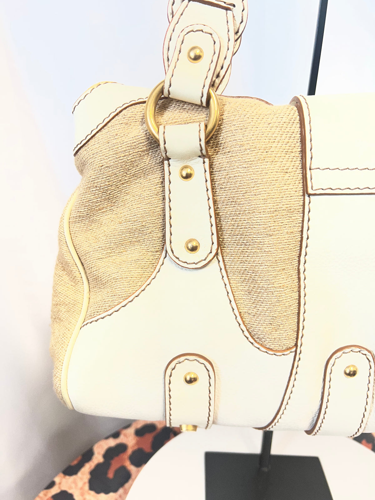 Valentino Garavani Beige Leather and Canvas Shoulder Bag